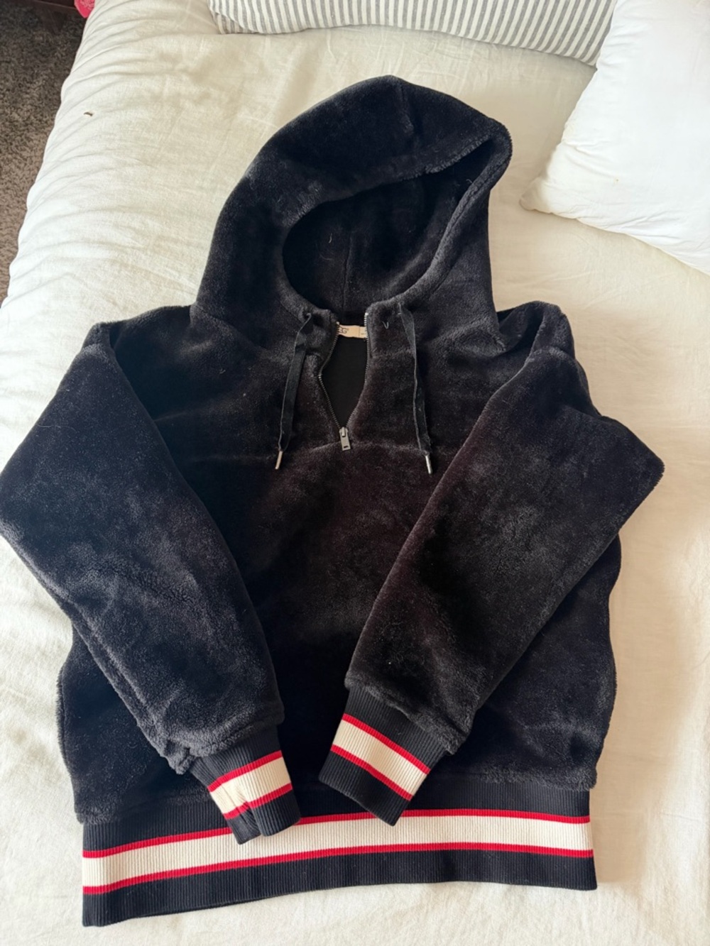 UGG Black Plush Hooded Sweater with Striped Hem